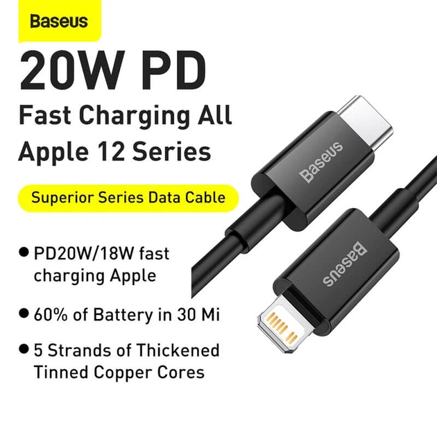 Кабель BASEUS Type-C to Lightning Superior Series Fast Charging Data Cable |2m, 20W| (CATLYS-C03) - изображение 8