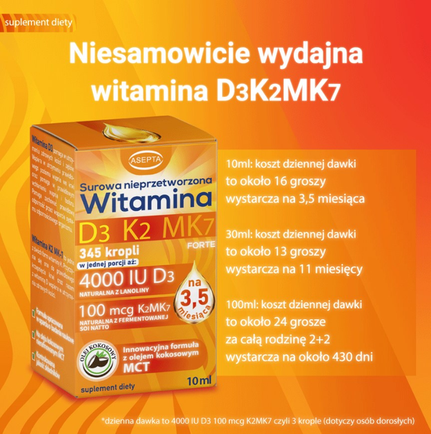 Suplement diety Asepta Witamina D3 + K2 Mk-7 z olejem kokosowym Mct 30 ml (5904734577515) - obraz 2