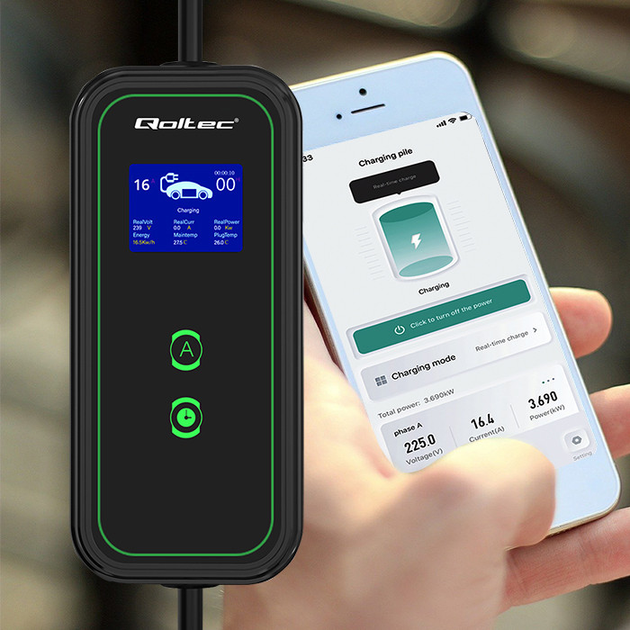 Мобільний зарядний пристрій для електромобіля Qoltec EV з регулюванням 2 в 1 Type 2 11 кВт 5 м (5901878524788) - зображення 9