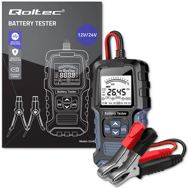 Цифровий тестер акумулятора Qoltec з LCD дисплеєм 12 V 24 V 3 Ah - 250 Ah (5901878524870) - зображення 10
