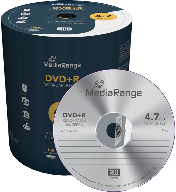 Диски MediaRange DVD+R 4.7 ГБ 16x 100 шт Pack (4260057124739) - зображення 1