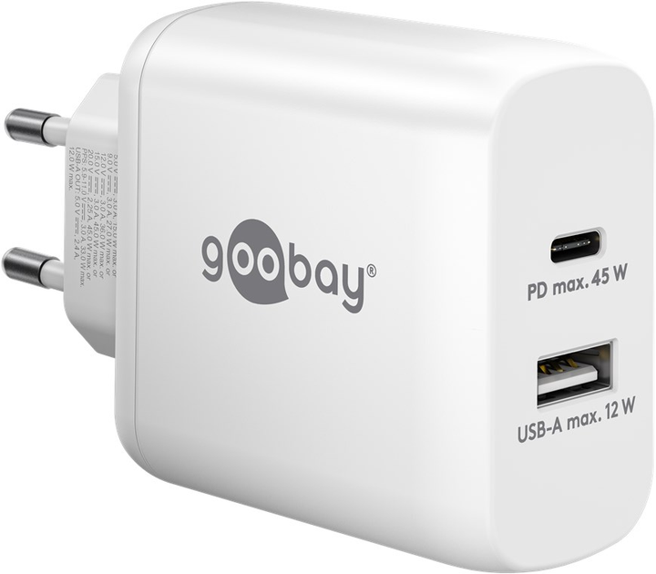 Зарядний пристрій Goobay USB-C PD GaN Dual Fast Charger 45 W White (4040849654121) - зображення 1