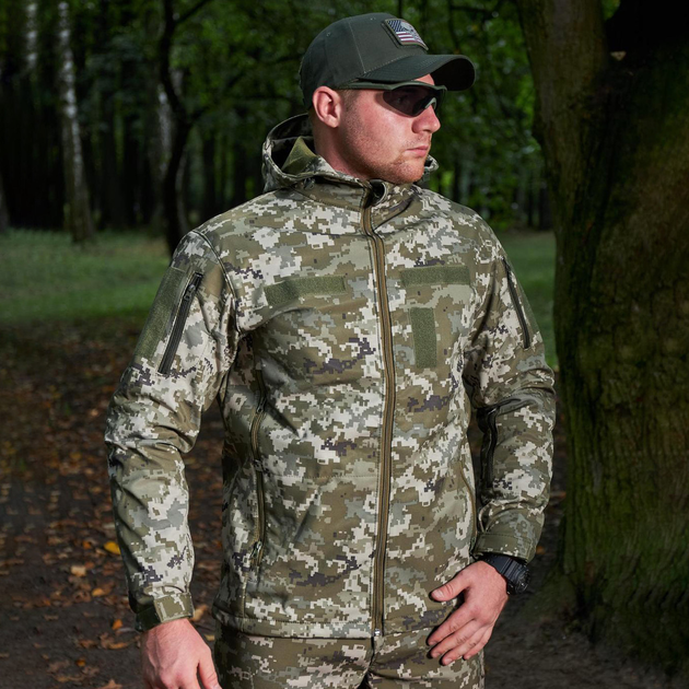 Чоловіча Куртка Combat Softshell на флісі з Капюшоном та Липучками під шеврони піксель розмір XL - зображення 1