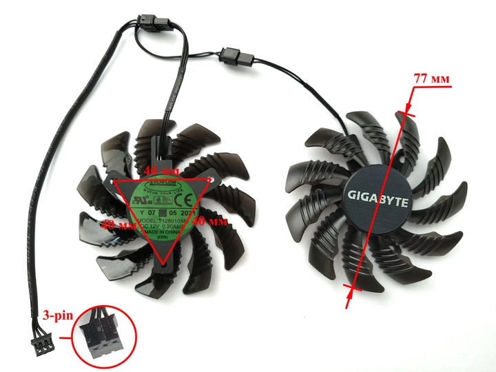 Вентилятор кулер для видеокарты Gigabyte RX 460 560 R7 370 GTX 750 Ti 950 960 1050 Ti (orgnl) 77 мм 3-pin Everflow T128010SM (PLD08010S12H FY08010H12LPA) комплект 2 шт (№17.9) - изображение 4
