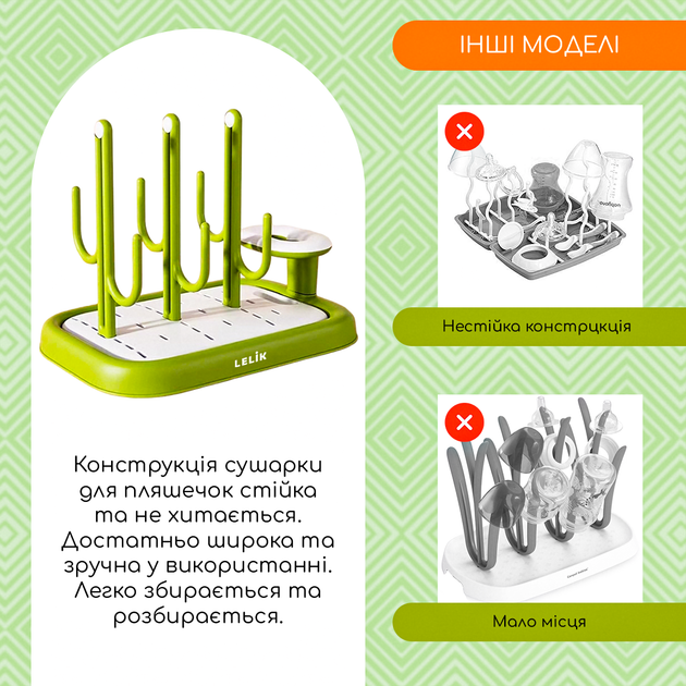 Высококачественная сушилка для детских бутылочек, сосок, стаканов, LELIK Cacti, зеленый - Фото 3 Высококачественная сушилка для детских бутылочек, сосок, стаканов, LELIK Cacti, зеленый - изображение 3