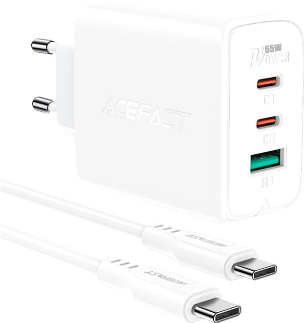 Мережевий зарядний пристрій Acefast A13 PD65W (USB-C+USB-C+USB-A) 3-port Charger Set White - зображення 1