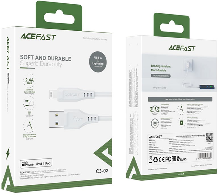 Кабель Acefast C3-02 USB to iP 2.4A 1.2 м TPE TPE connectors White (AFC3-02W) - зображення 2