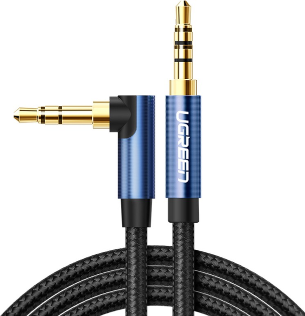 Кабель Ugreen AV112 Angled Cable 3.5 мм Male to 3.5 мм Male Cable Gold Plated Metal Case with Braid 1 м Blue (UGR-60179) - зображення 1