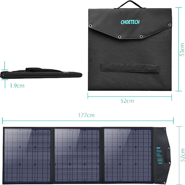 Портативна сонячна панель для УМБ CHOETECH 120W (177x53 см) 1x120W, 1xUSB QC3.0 18W, 1xUSB-C PD3.0 60W, 1xUSB-A 12W (6971824976779) - зображення 4
