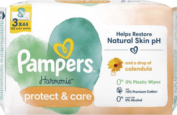 Zestaw chusteczek nawilżanych dla niemowląt Pampers Harmonie Protect&Care z nagietkiem 3 x 44 szt (8700216250672) - obraz 2