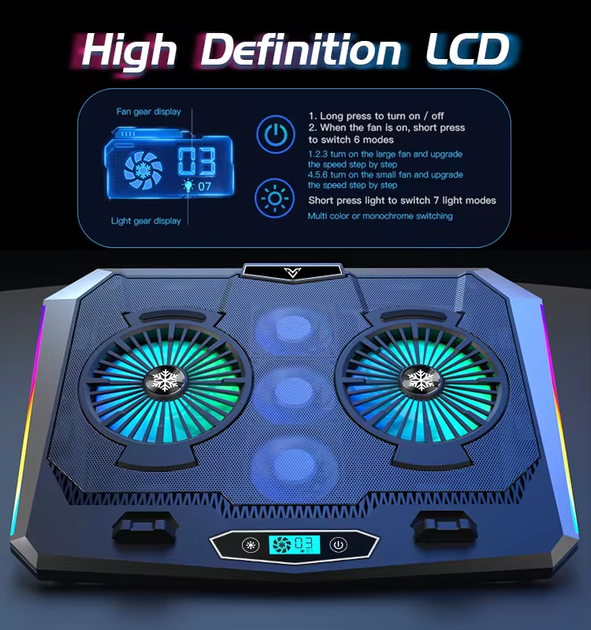 Підставка для ноутбука з охолодженням VHG D10 з RGB-підсвічуванням Laptop Cooling Pad, Black - изображение 8