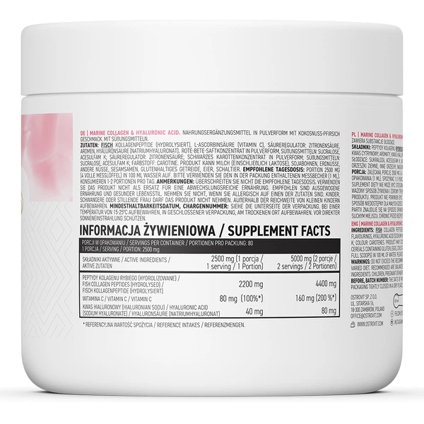 Препарат для суглобів і зв'язок OstroVit Marine Collagen + Hyaluronic Acid, 200 грам - Кокос-персик - зображення 2