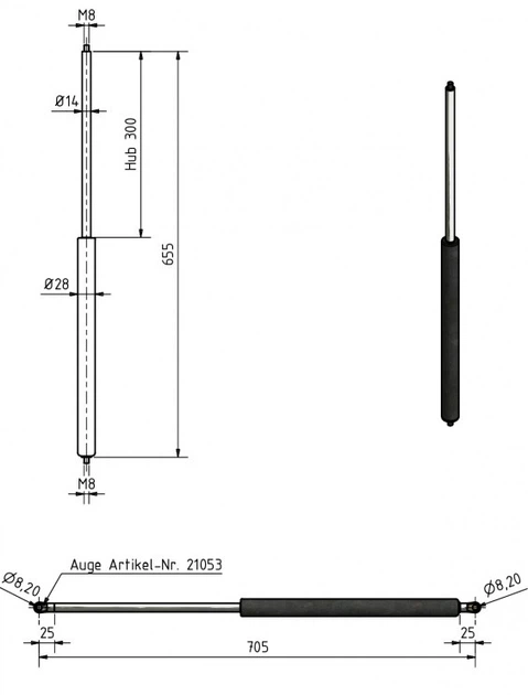 Газовий амортизатор HP-trailer TYPE 14/28 655мм шток 300мм 500 N М8 11010099 ( 210233 ) - зображення 2