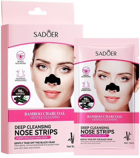 Очищающая маска Sadoer Bamboo Charcoal Deep Cleansing Nasal Patch Women Для носа с бамбуковым углем 6 шт (6976068957911) 