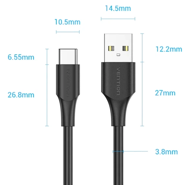 Кабель Vention USB 2.0 AM to Type-C M 3м 3A 18W PVC Black (CTHBI) - зображення 3