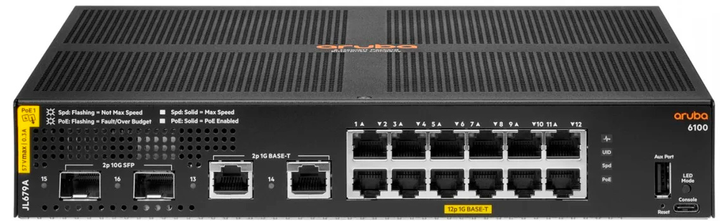 Комутатор HP Aruba 6100 12G Class4 PoE 2G/2SFP+ 139W - Managed - L3 JL679A (190017348964) - зображення 1