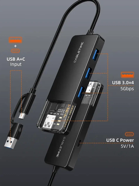 USB-хаб Cabletime USB-A/C - 4xUSB-A 3.0 5 Гбіт/с 15 см (CB05B) - зображення 2