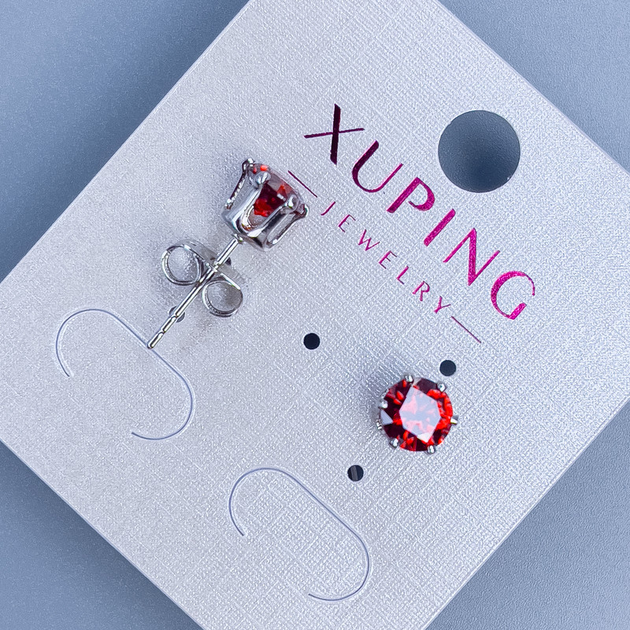 Серьги пусеты шарики Xuping с красным камнем оправа "Корона" 6мм ...