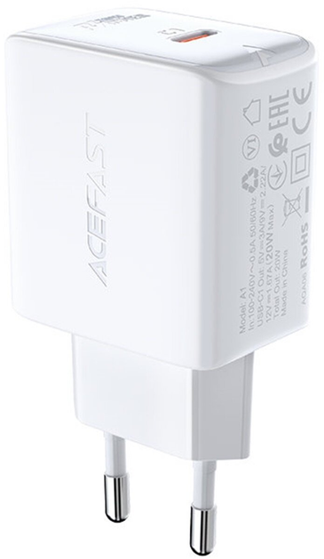 Мережевий зарядний пристрій Acefast A1 USB-C PD 20W (6974316280040) White  - зображення 1