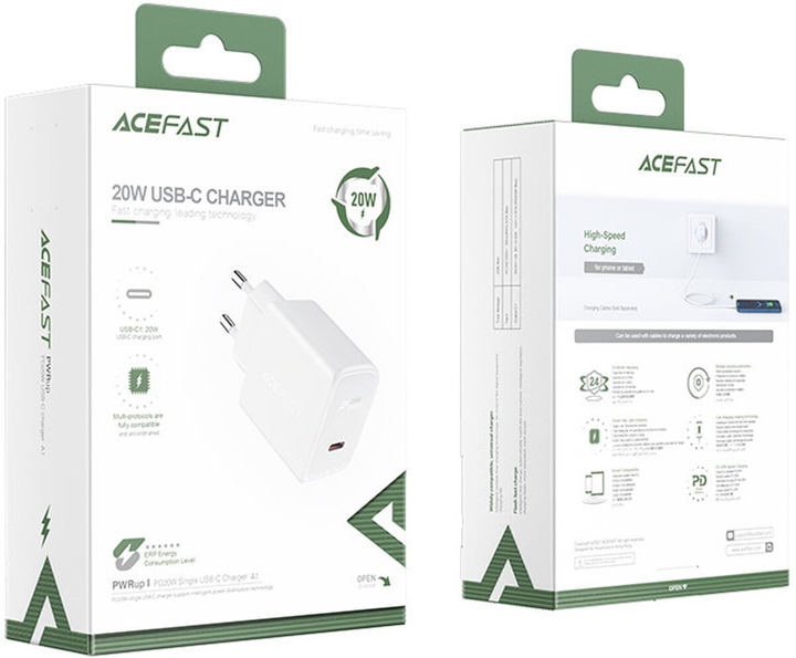 Мережевий зарядний пристрій Acefast A1 USB-C PD 20W (6974316280040) White  - зображення 3