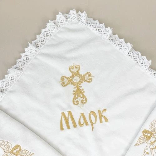Крыжма для мальчика + мешочек Family Tradition сатин с вышивкой 100х100 см белый Георгий Победоносец - изображение 2