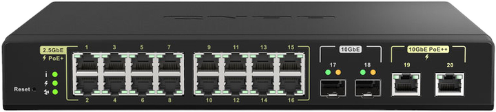 Przełącznik QNAP Switch 1U 16x 2.5GbE (RJ45), 2x 10GbE SFP+, 2x 10GbE BASE-T (RJ45) Web Managed (QSW-M2116P-2T2S) - obraz 1