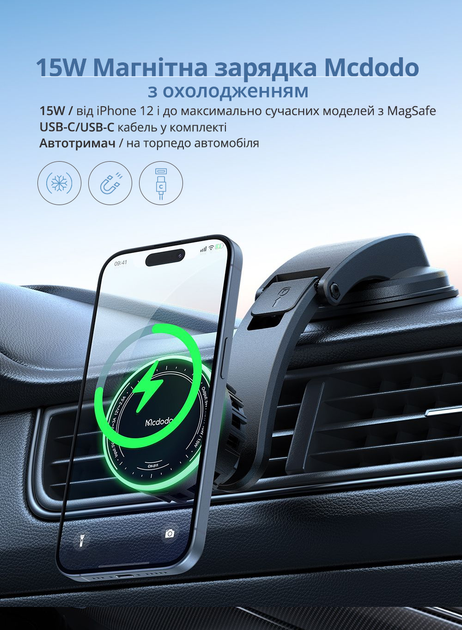 Автомобільний бездротовий магнітний зарядний пристрій Mcdodo 15W з охолодженням для Apple iPhone з підтримкою MagSafe на приладову панель автомобіля / зарядка-автотримач на торпедо / USB Type-C кабель / PD, QC - зображення 3