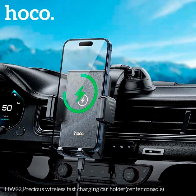 Автотримач для телефону Hoco HW22 на панель (затискач) швидка бездротова зарядка для телефону 15W Чорний - изображение 6