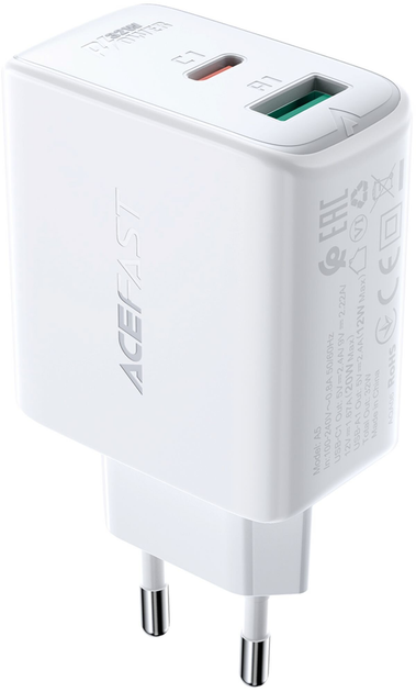 Мережевий зарядний пристрій Acefast A5 32W USB-C+USB-A White (6974316280125) - зображення 1