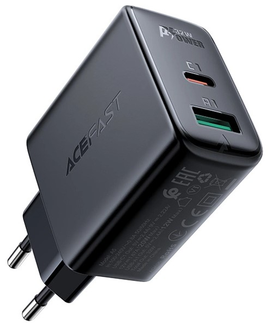 Ładowarka sieciowa Acefast A5 32W USB-C+USB-A Black (6974316280118) - obraz 2