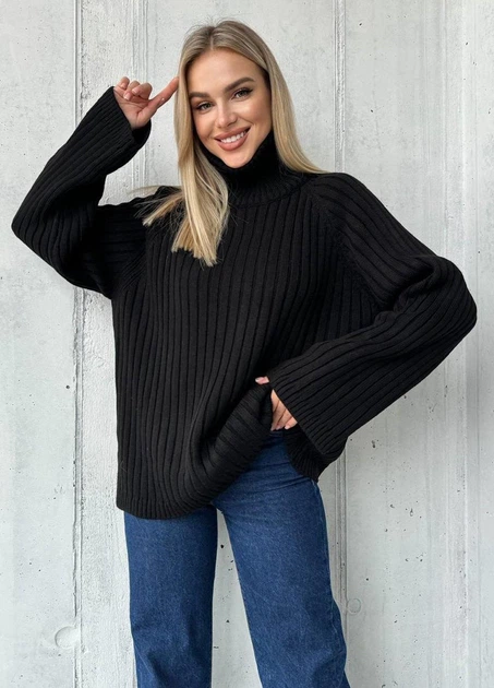 Свитер в рубчик с воротником на замке, черный, One size - изображение 4