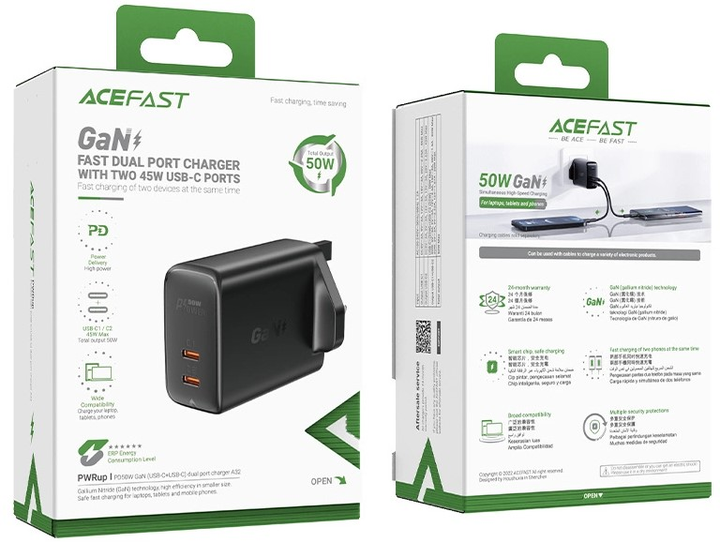 Мережевий зарядний пристрій Acefast GaN A32 50W 2xUSB-C вилка UK Black (6974316281634) - зображення 2