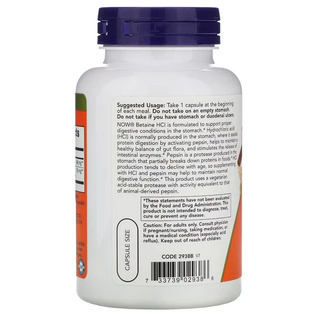 Натуральная добавка NOW Betaine HCl 648 mg, 120 вегакапсул - изображение 3