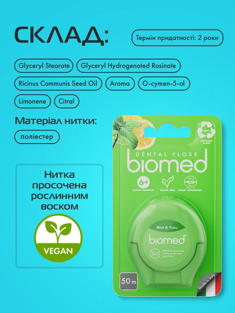 Комплексная зубная нить BioMed с ароматом мяты и юзу 50 м (7640168937249) - Фото 9 Комплексная зубная нить BioMed с ароматом мяты и юзу 50 м (7640168937249) - изображение 9