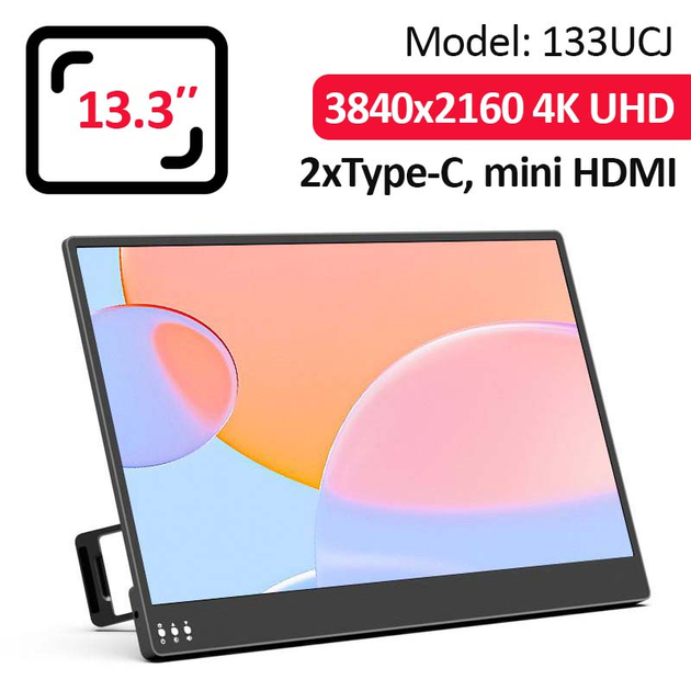 Монитор портативный 133UCJ / 13.3'' / IPS / 3840x2160 4K / Type-C / HDMI / jack 3.5 мм / второй экран - изображение 1