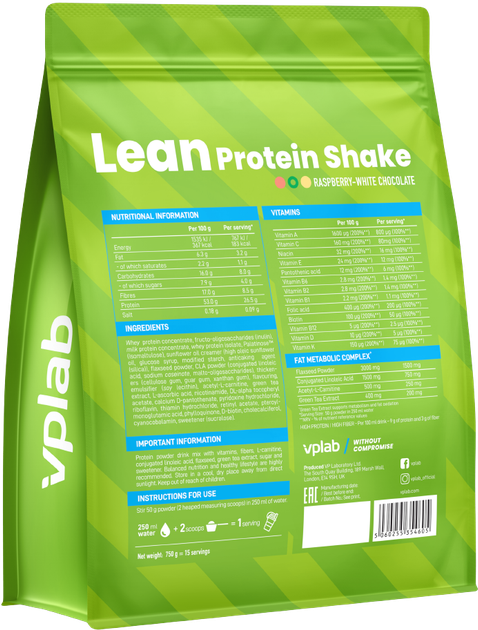 Протеїн VPLab Lean Protein Shake 750 г Білий шоколад з малиною (5060255354605) - зображення 2