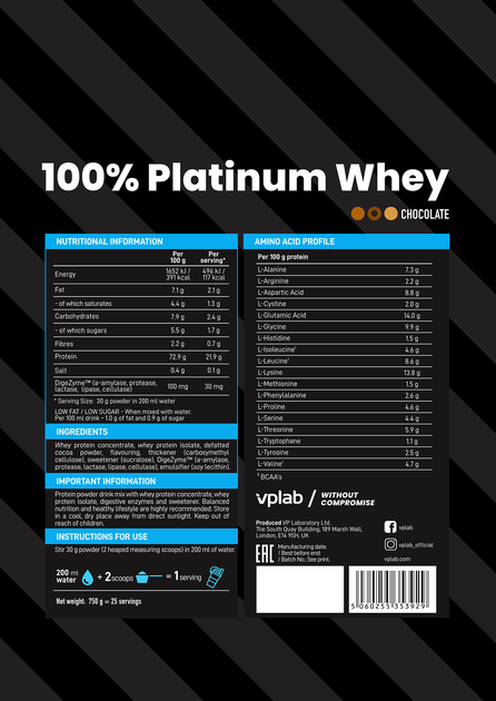 Протеїн VPLab 100% Platinum Whey 750 г Шоколад (5060255353929) - зображення 4