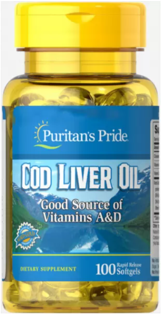 Олія тріски Puritan's Pride Cod Liver Oil 415 mg 100 softgels - Фото 1 Олія тріски Puritan's Pride Cod Liver Oil 415 mg 100 softgels - зображення 1