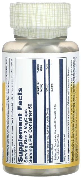 Вітамін С з біофлавоноїдами Solaray Vitamin C & Bioflavonoids 1:1 500mg 100 кап - зображення 2