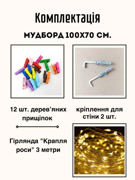 Настенный органайзер для декора Мудборд Rey 100х70 см и Гирлянда капля росы на батарейках, настенная доска для заметок, металлическая сетка 5х5 см. - изображение 9