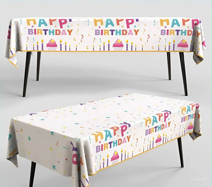 Скатертина Святкова Фольгована З Написом Happy Birthday Торт Та Свічки 137x183см Білий - Фото 2 Скатертина Святкова Фольгована З Написом Happy Birthday Торт Та Свічки 137x183см Білий - зображення 2