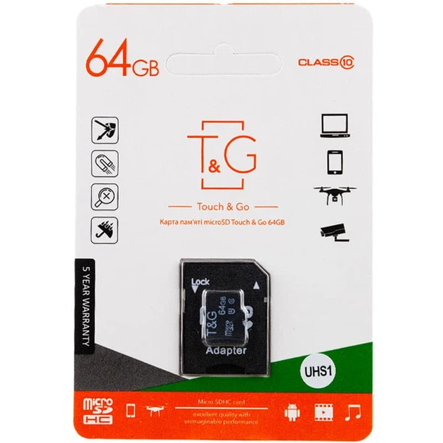 Карта памяти T&G microSDXC (UHS-1) 64 GB class 10 (с адаптером) Черный - Фото 1 Карта памяти T&G microSDXC (UHS-1) 64 GB class 10 (с адаптером) Черный - изображение 1