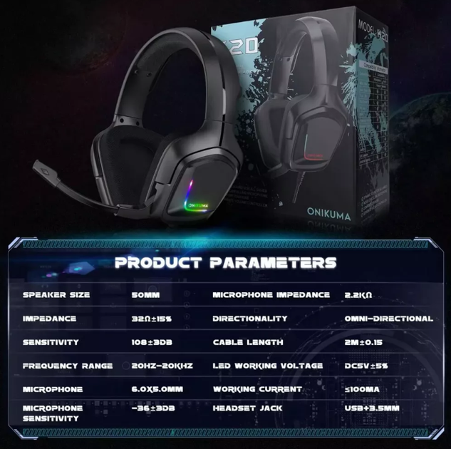 Ігрові навушники Gaming Headset Grand K20 black з підсвічуванням та мікрофоном - зображення 3