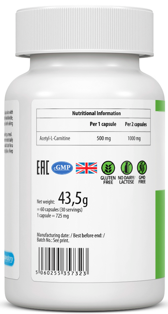 Харчова добавка Ultra Vit Acetyl-L-Carnitine 60 капсул (5060255357323) - зображення 3