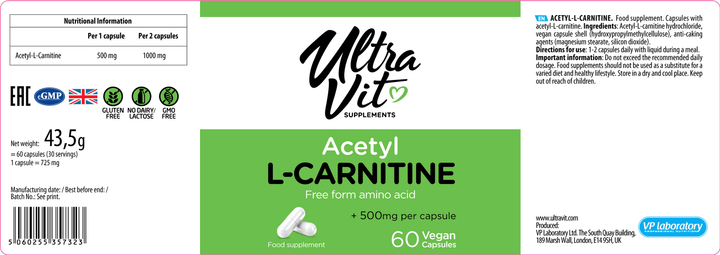 Харчова добавка Ultra Vit Acetyl-L-Carnitine 60 капсул (5060255357323) - зображення 5