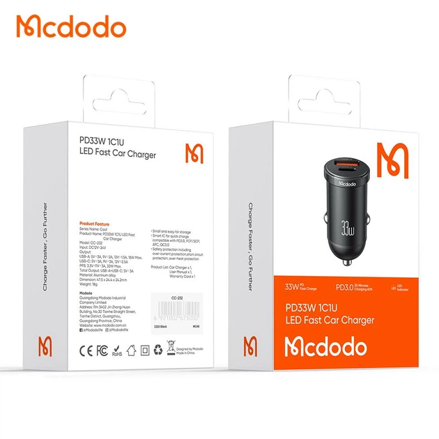 Автомобильное зарядное устройство Mcdodo 33W 3A Car Fast Charger с двумя портами USB-A/Type-C CC-2320 - изображение 2