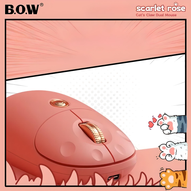 Мышь BOW MD198L с беспроводным подключением Bluetooth и USB 2.4G, аккумулятором, 1600DPI, scarlet rose - изображение 3