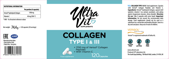 Харчова добавка Ultra Vit Колаген I та III типу 120 капсул (5060730361579) - зображення 5