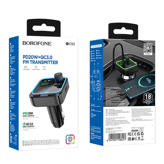 Автомобильный FM-трансмиттер BOROFONE BC53 Highway PD20W+QC3.0 car BT FM transmitter 18W Black - Фото 6 Автомобильный FM-трансмиттер BOROFONE BC53 Highway PD20W+QC3.0 car BT FM transmitter 18W Black - изображение 6