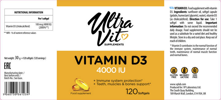 Харчова добавка Ultra Vit Vitamin D3 4000 IU 120 капсул (5060730361234) - зображення 10
